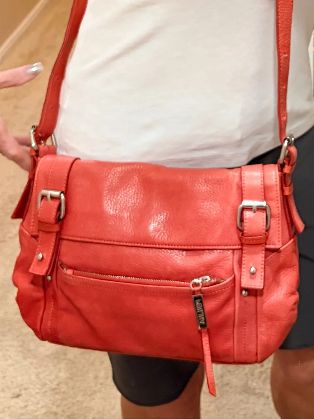 Perlina Coral Pebbled Leather Crossbody Shoulder Bag with Buckle Accents
